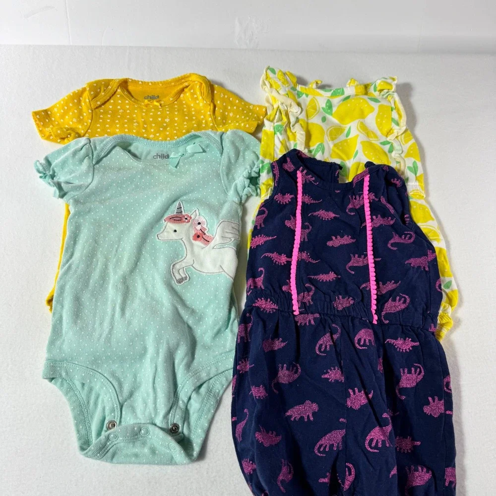 Baby Girl Clothes Lot 6-12M 9M Rompers Bodysuits Unicorn Lemon Dino 4pc